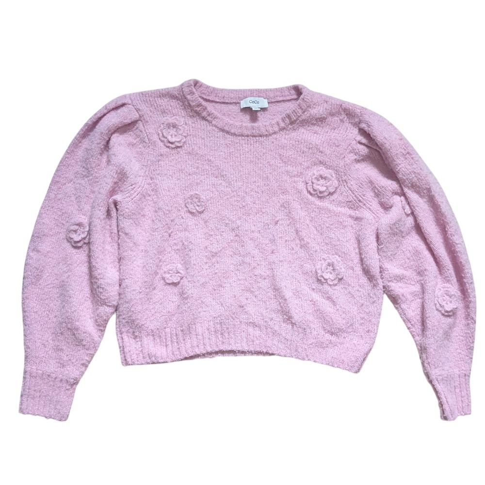 CeCe Pink 3D‎ Floral Puff Sleeve Sweater Wool Blend Crewneck Coquette XL 7064204
